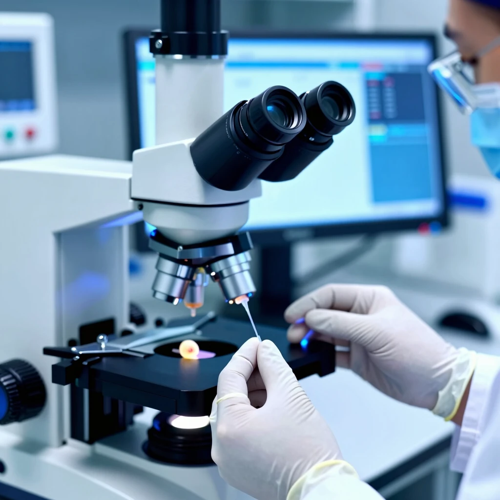 Embryologist working on IVF embryo in lab