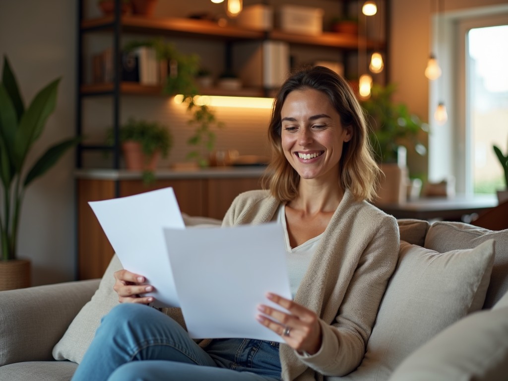 A woman smiling while reviewing her fertility preservation plan at home.