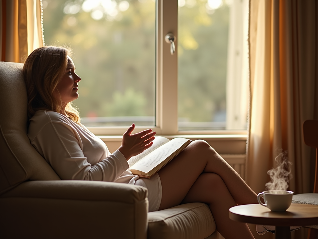 A person in a cozy chair, reading a book with tea on a table.