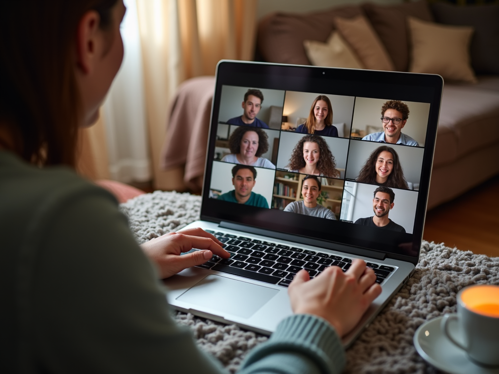 A person at home participating in a virtual fertility clinic support group, feeling connected via video call.