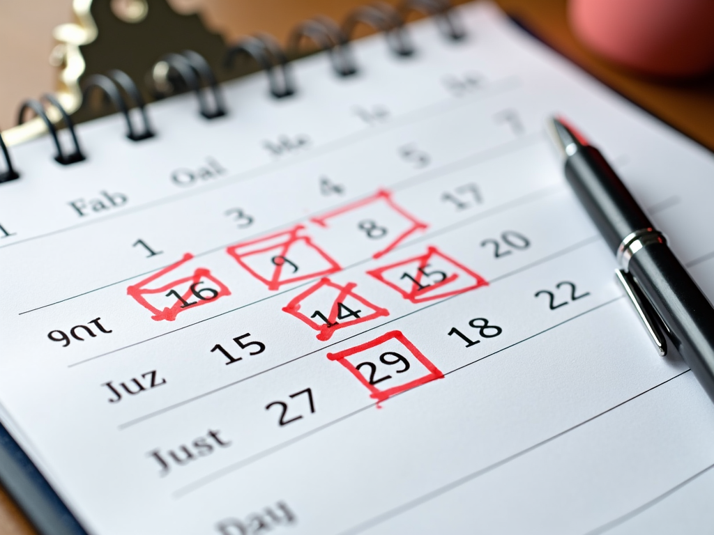 A calendar marking key moments in the fertility preservation process.