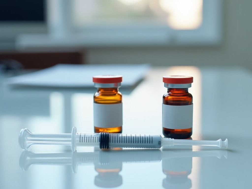 Close-up of various hormone medication vials and syringes on a reflective surface, indicating medical context.