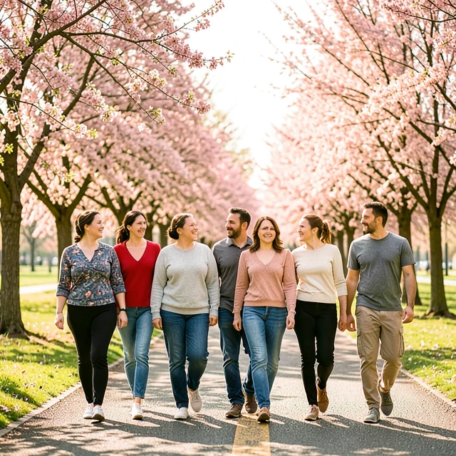 Cancer survivors walking together in a sunny park, symbolizing hope and new beginnings