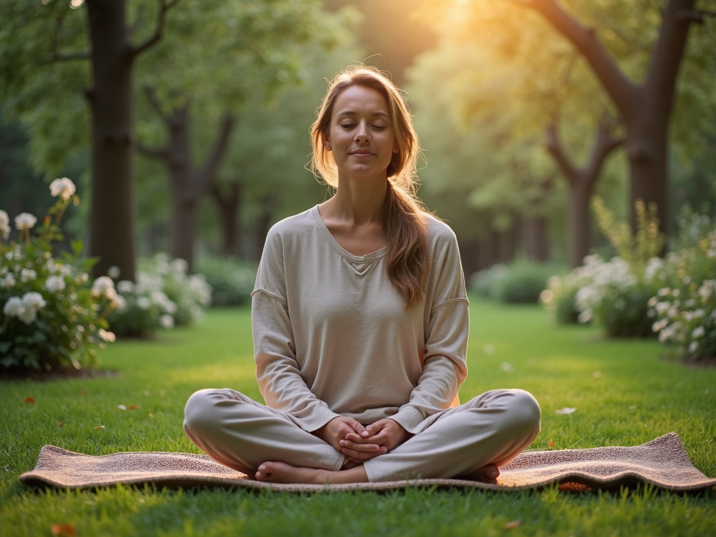 A person meditating in a garden