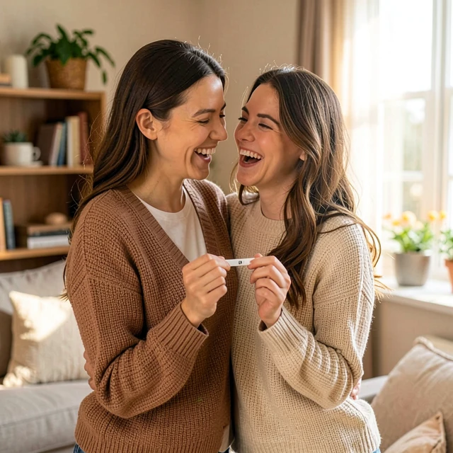 Happy couple holding positive pregnancy test after successful fertility treatment