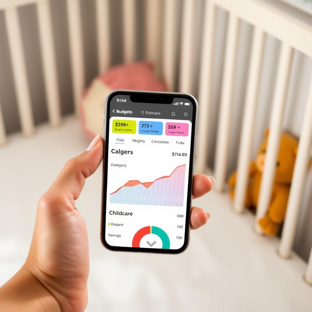 Smartphone showing a budgeting app with charts for diapers, childcare, and savings