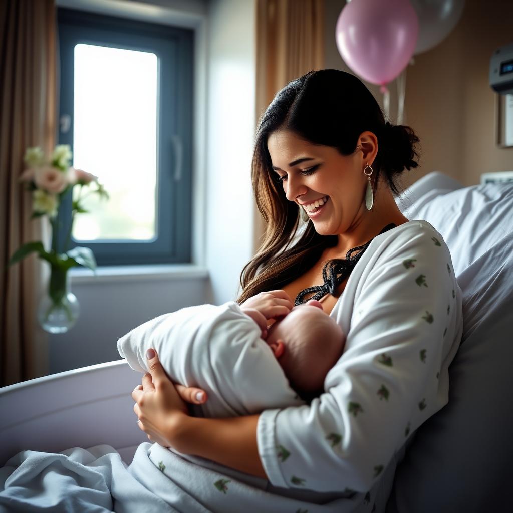 New mother holding her newborn baby in a hospital room.