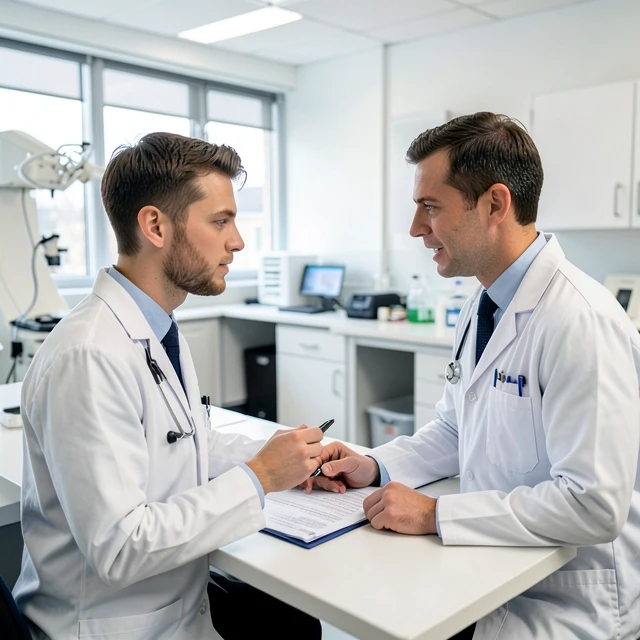 Doctor consulting with a man about sperm banking options in a medical office
