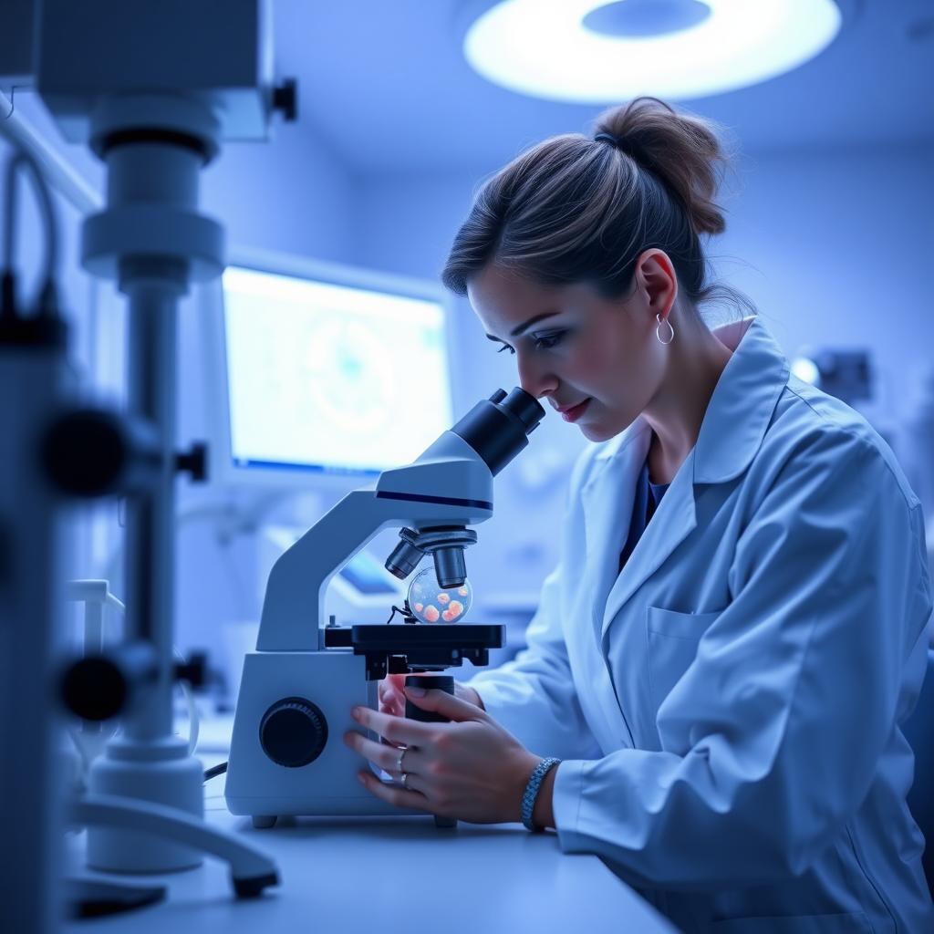A scientist examining embryos under a microscope in a clean, high-tech fertility clinic lab.