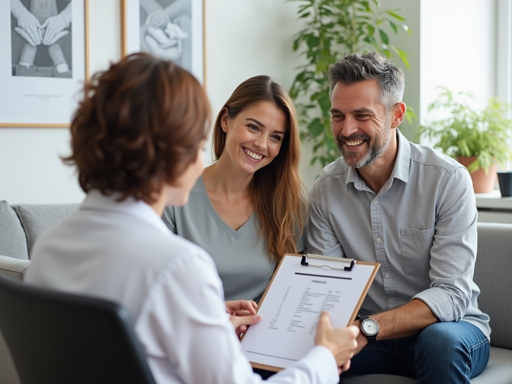 A couple discussing fertility test results with a doctor at a clinic.