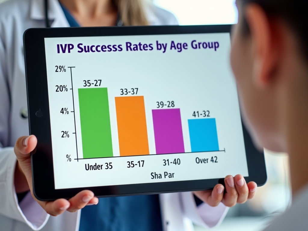 Doctor showing IVF success rates by age on tablet