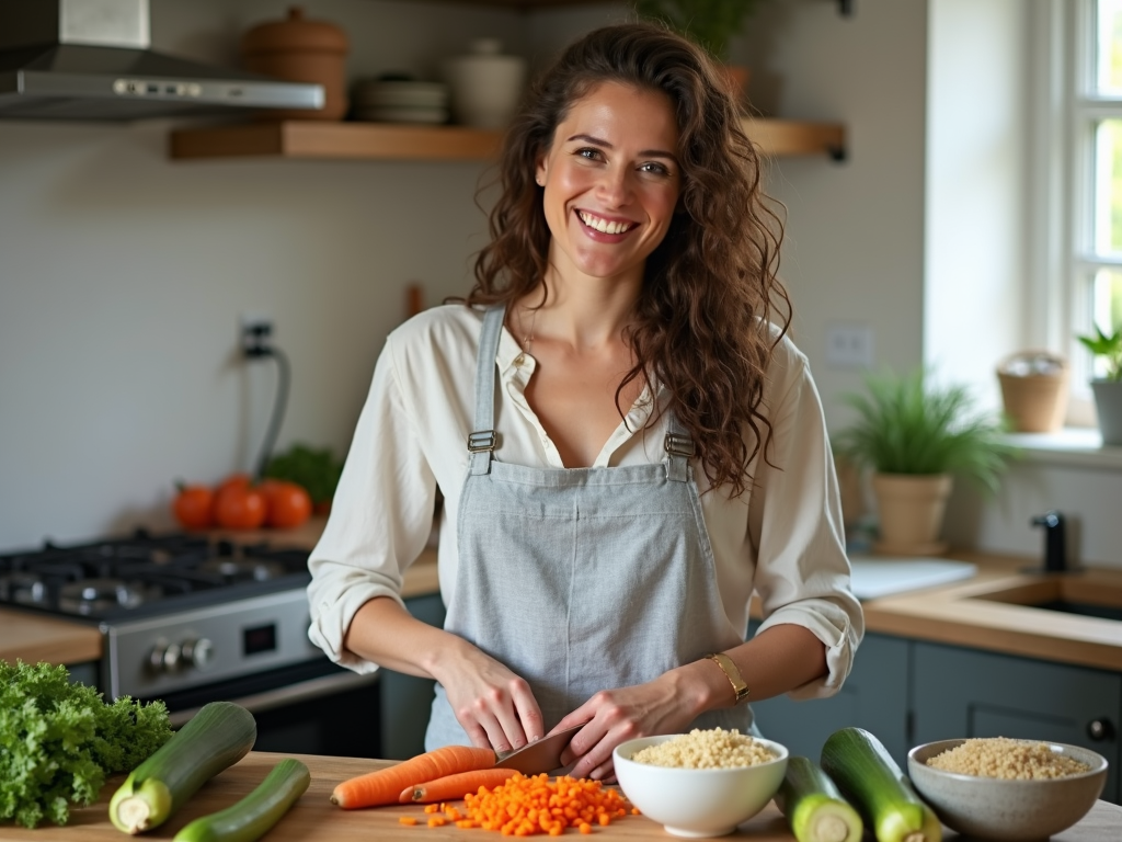 A woman preparing a healthy PCOS-friendly meal in her kitchen.