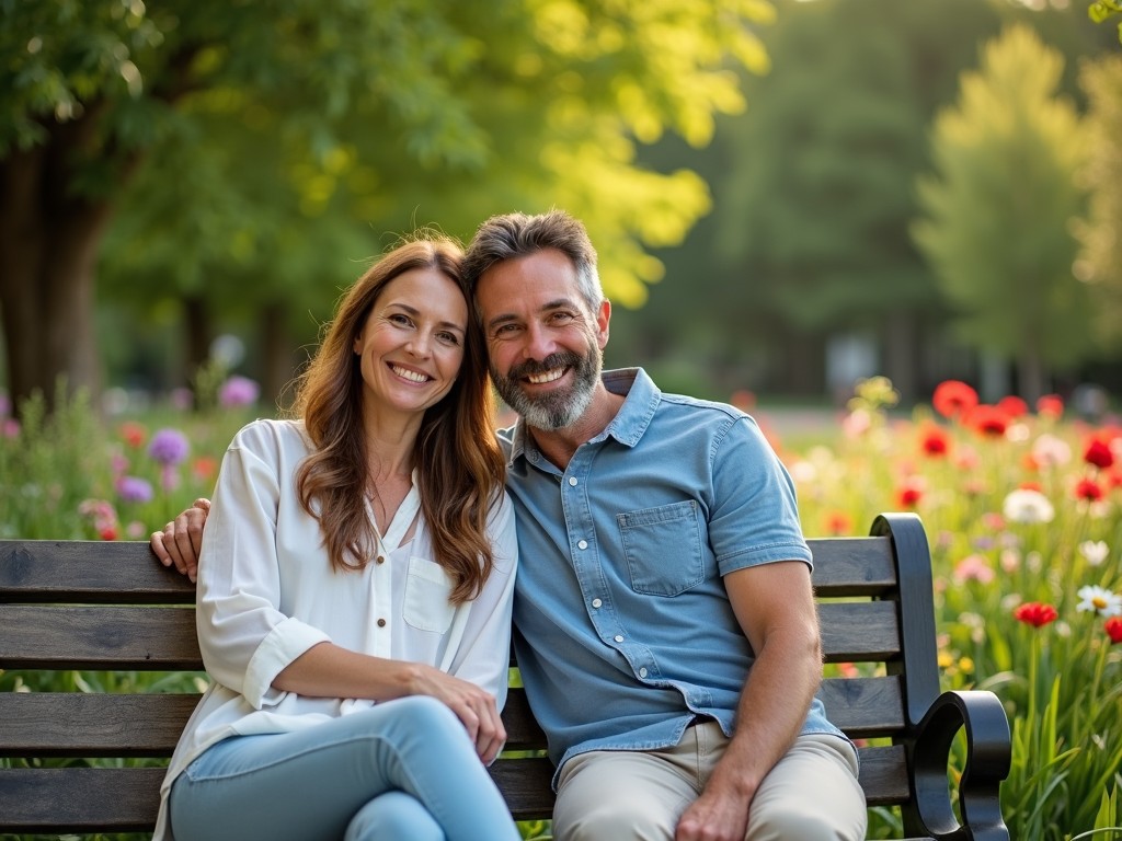 A couple relaxing at a park bench, reflecting on their successful fertility journey.