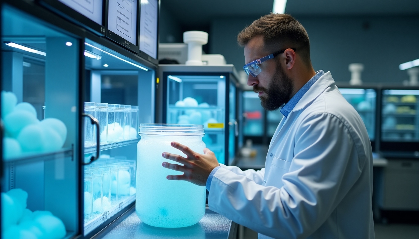 A laboratory scientist working with cryopreservation equipment.