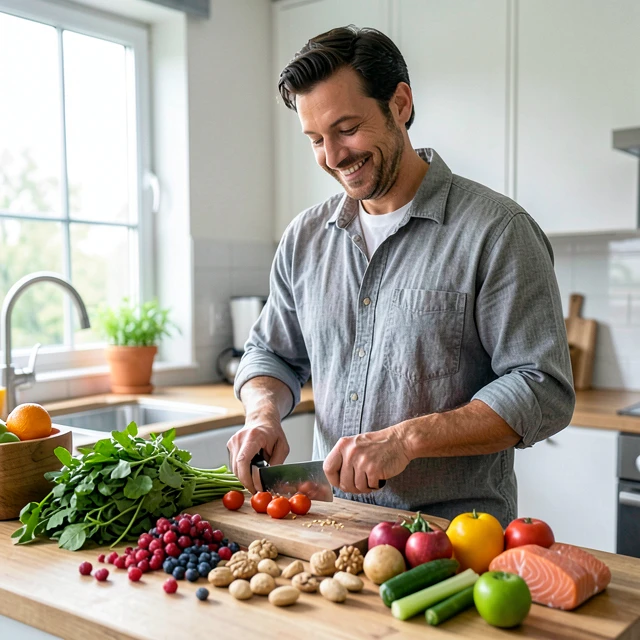 Man preparing fertility-boosting healthy meals in kitchen
