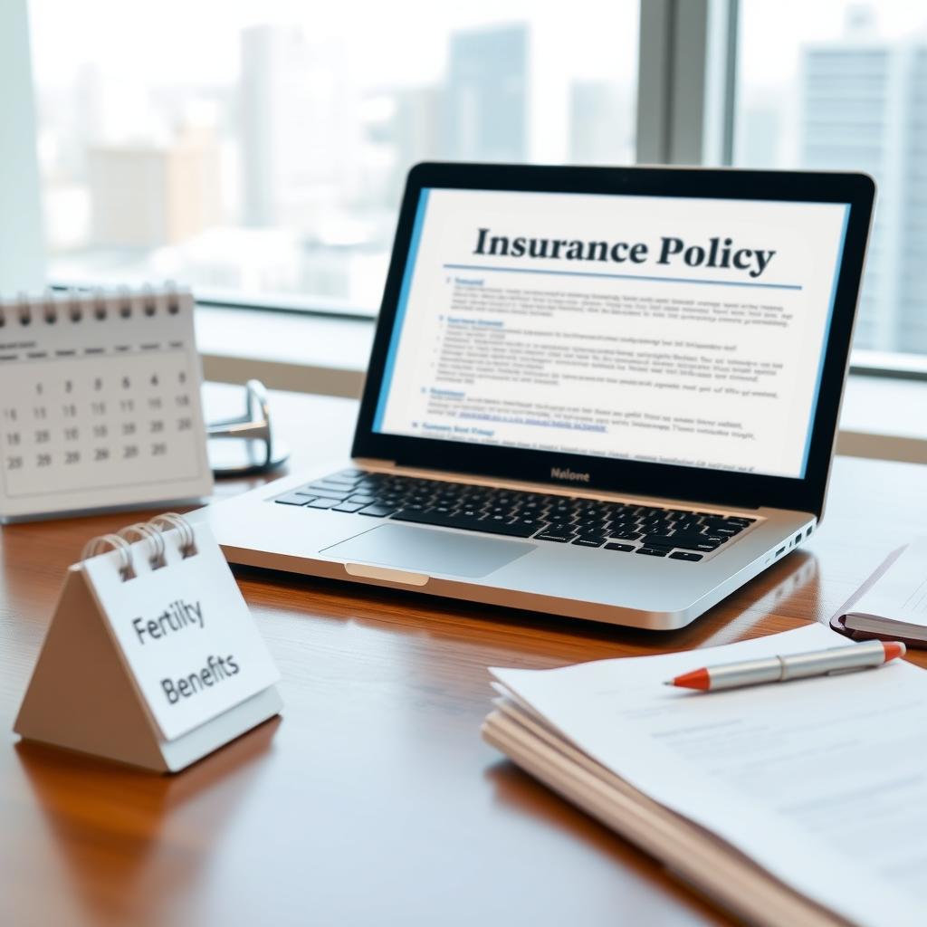 Organized desk with laptop displaying insurance policy and fertility benefits documents.