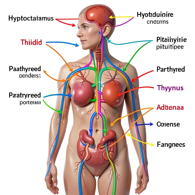 Detailed diagram of the female endocrine system highlighting major hormone-producing glands
