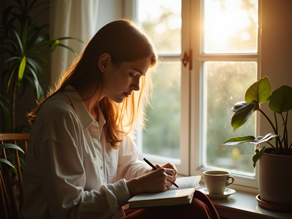 A person journaling in a peaceful setting, symbolizing self-care and emotional healing.