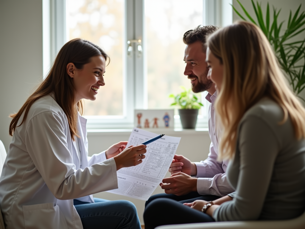 Doctor discussing fertility treatments with a couple in a clinic.