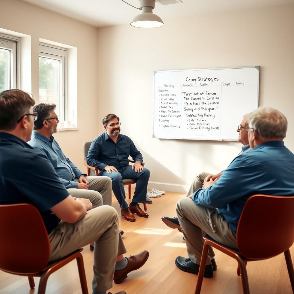 Group therapy session for men discussing cancer and fertility preservation