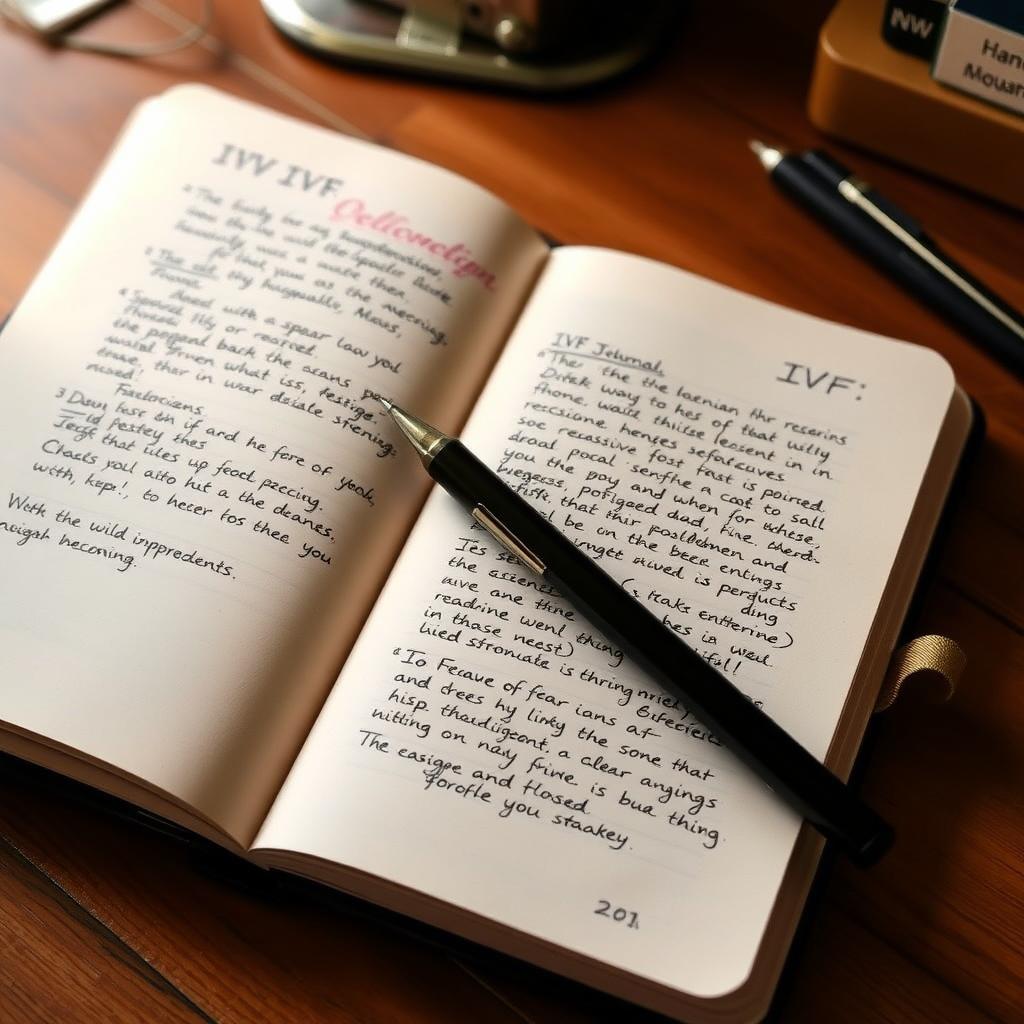 An open journal on a desk, next to a cup of tea and a pen. A few lines about an IVF day are visible, showing how writing can help process the experience.