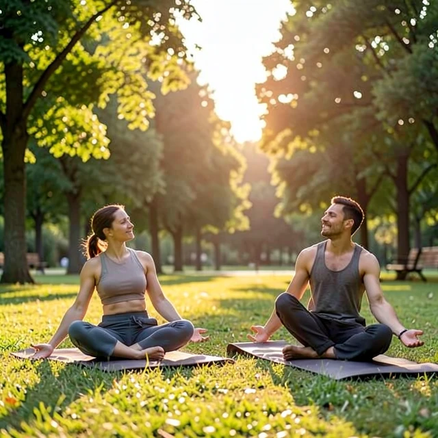 Couple doing yoga together to manage stress and support fertility through lifestyle shifts