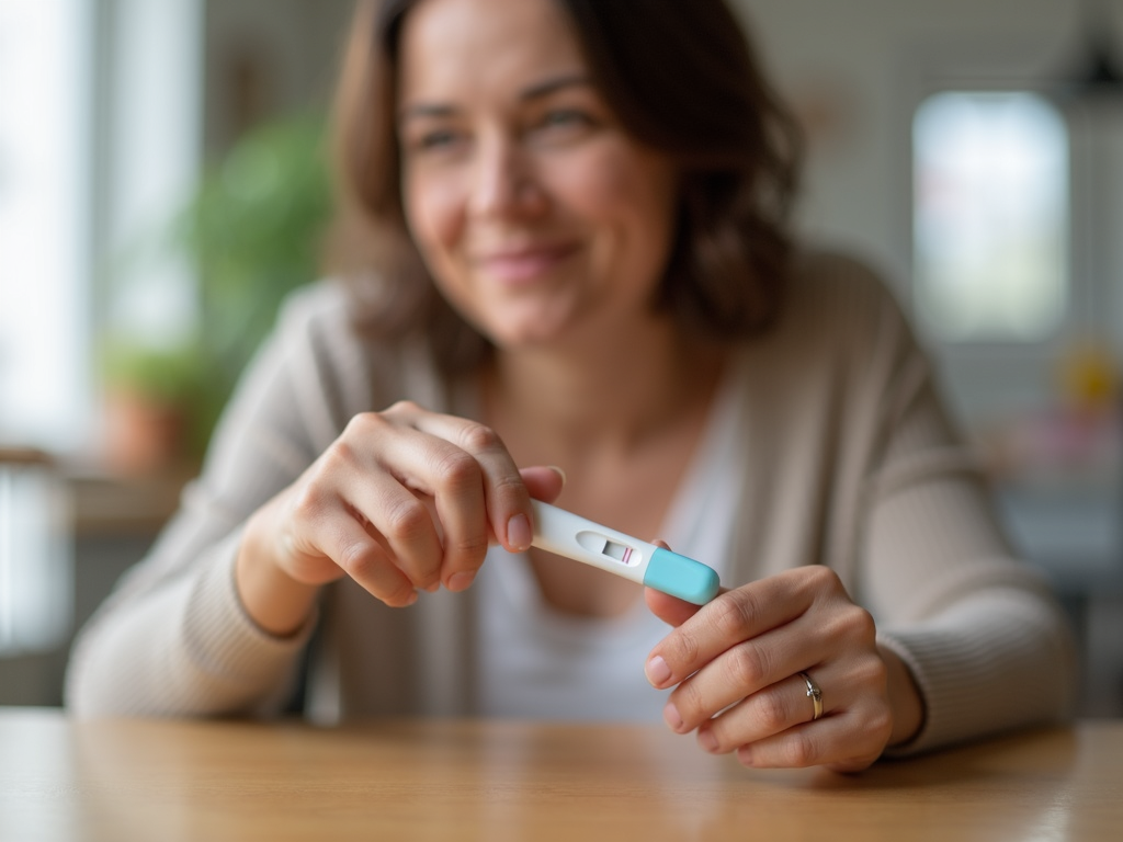 Woman holding a pregnancy test