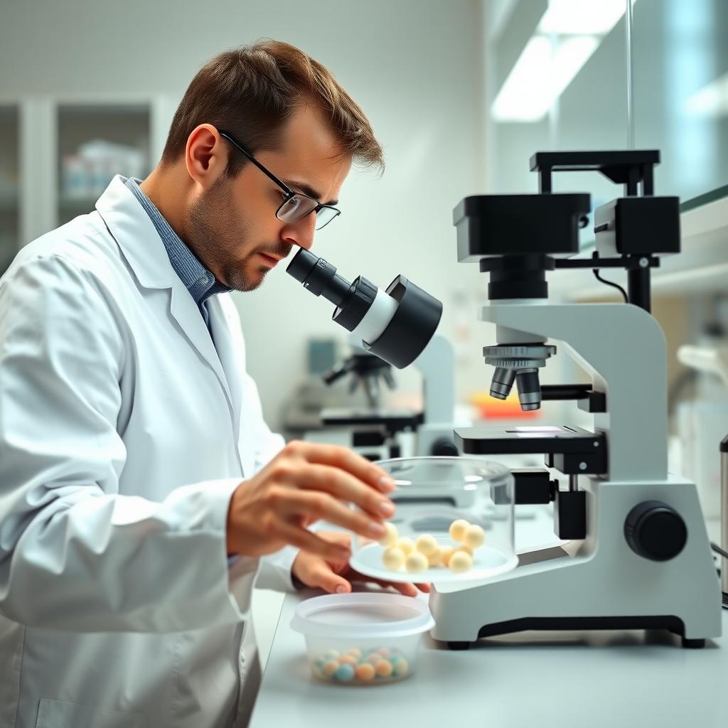 Technician examining embryos under microscope in lab.