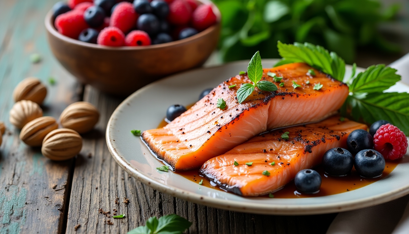 Fertility-boosting foods on a wooden table