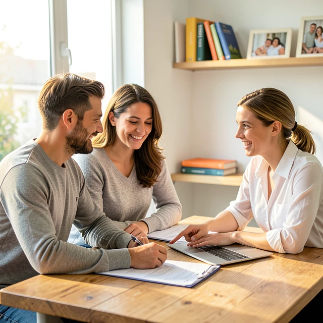 Intended parents consulting with a surrogacy agency counselor in a welcoming office setting