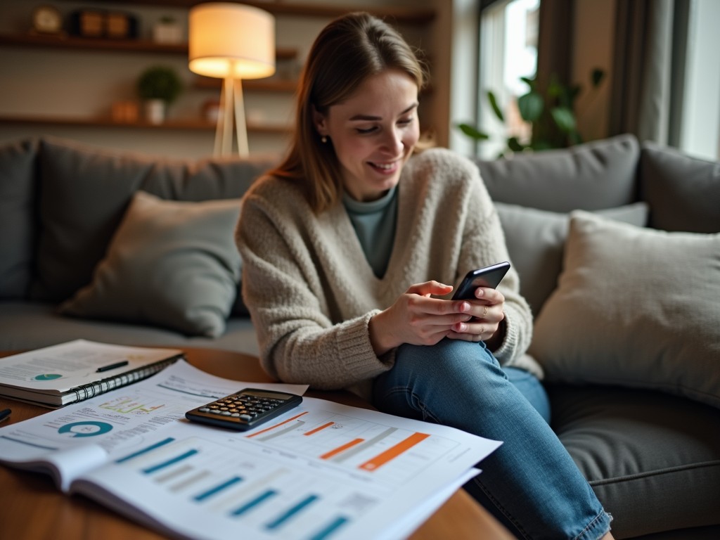 Detail of a woman reviewing payment plans on a smartphone with a calculator by her side