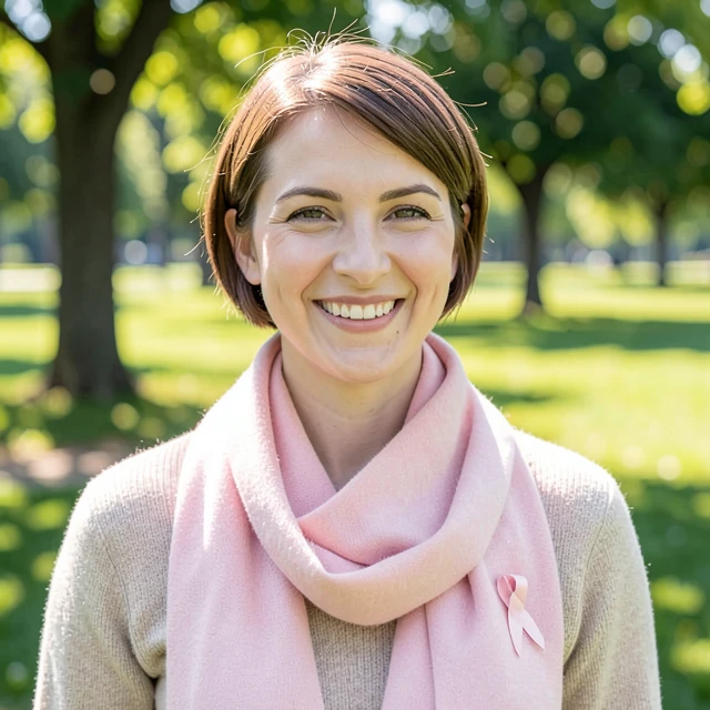 Young breast cancer survivor smiling confidently in nature