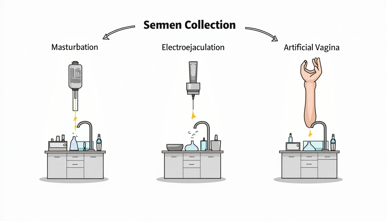 Different semen collection methods demonstrated in a lab, emphasizing the need for accuracy.