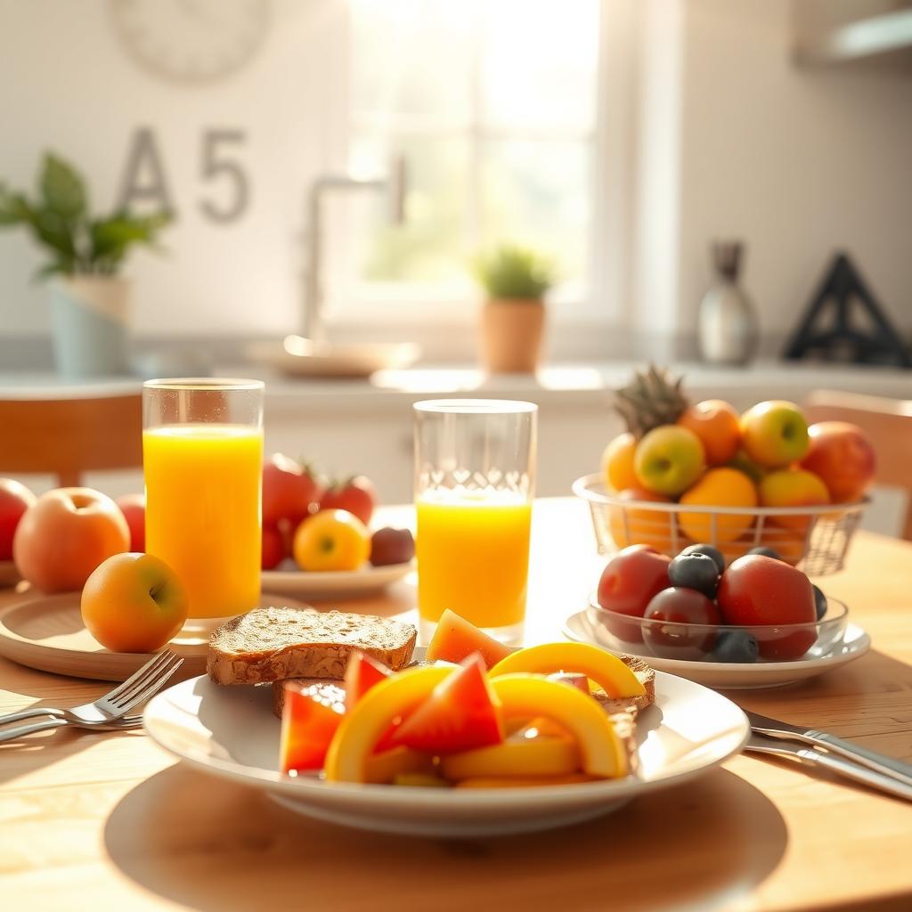 A bright kitchen table with a healthy breakfast of fruits, whole-grain toast, and orange juice.