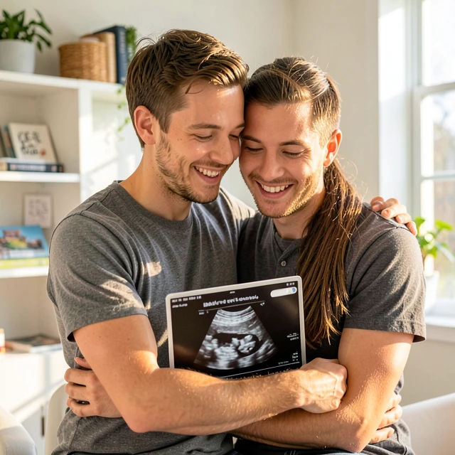 Same-sex couple sharing a joyful moment during their surrogacy journey