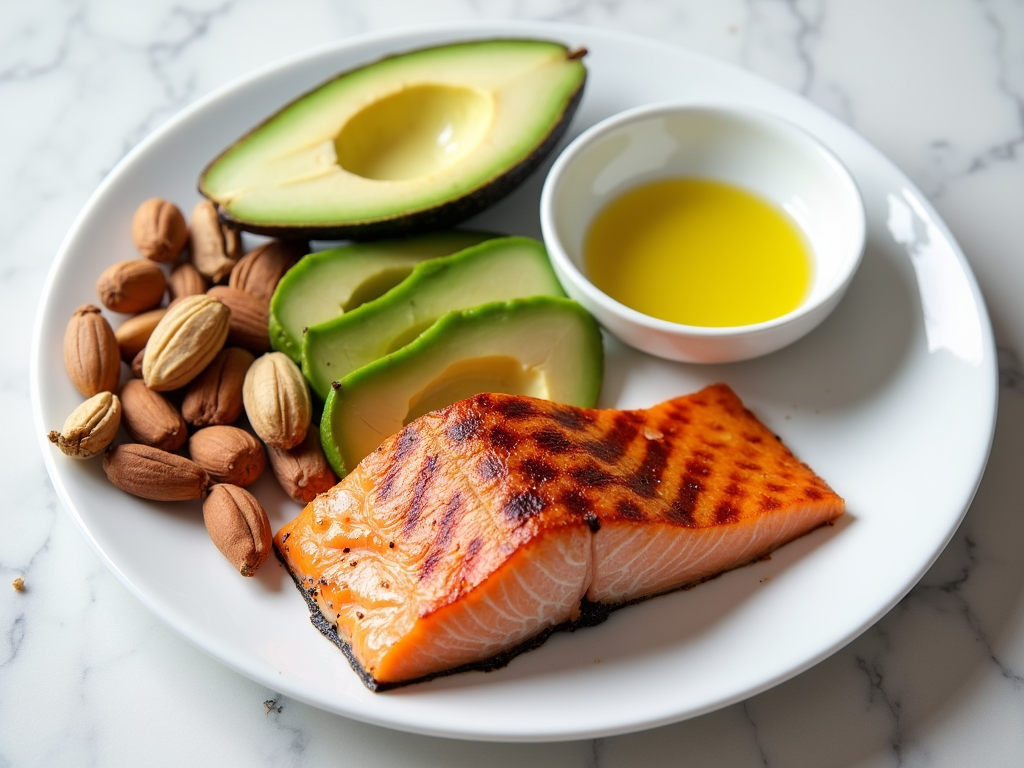 Healthy fats from avocado, nuts, olive oil, and salmon.
