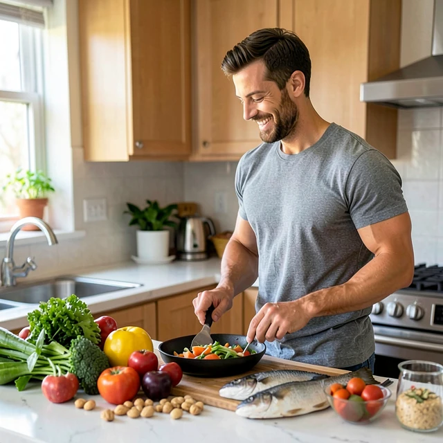 Man preparing healthy nutritious meal to support fertility and overall wellness