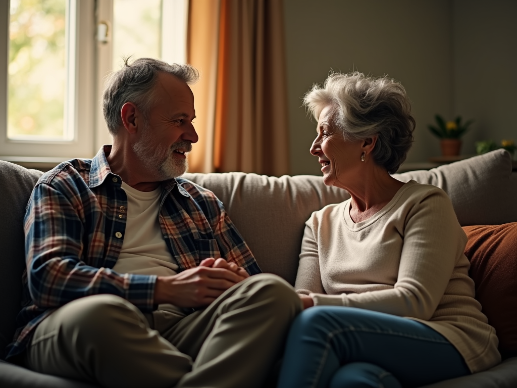 A couple sitting on a couch, discussing a personal issue with concern and support.