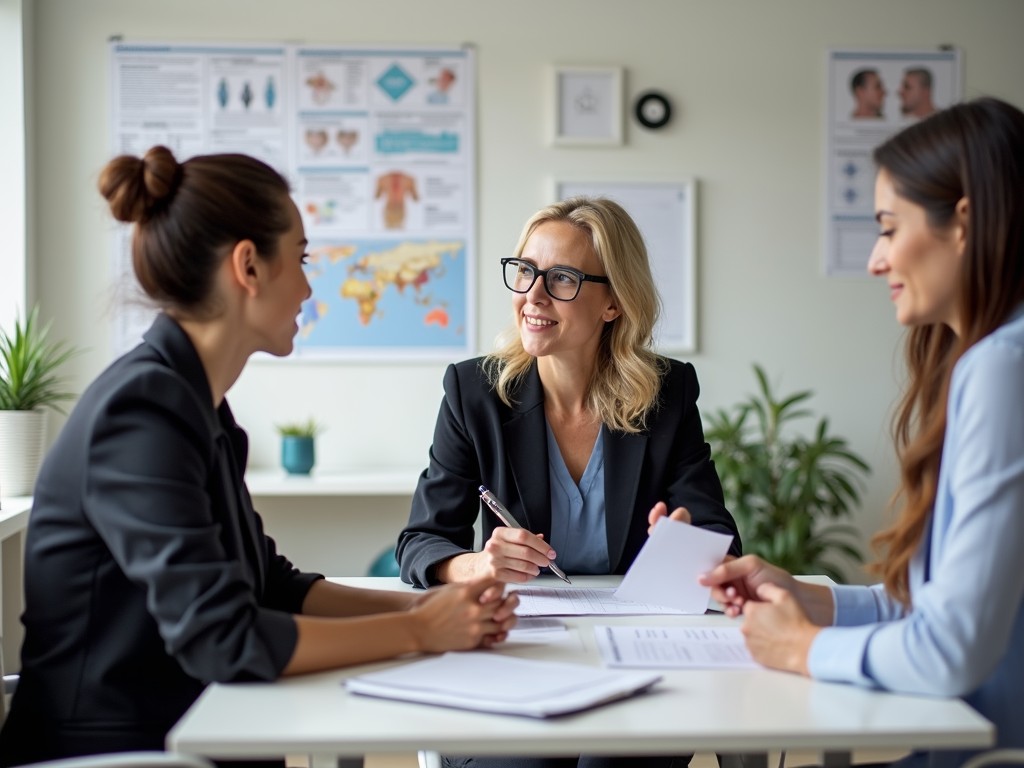 Close-up of a fertility clinic financial advisor discussing plans with a client.