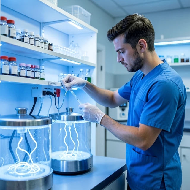 Fertility lab technician preparing sperm samples for banking