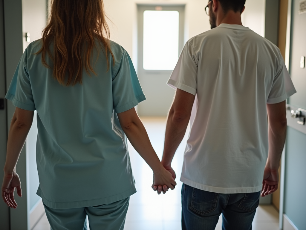 Couple entering a fertility clinic together, showing unity and resolve.