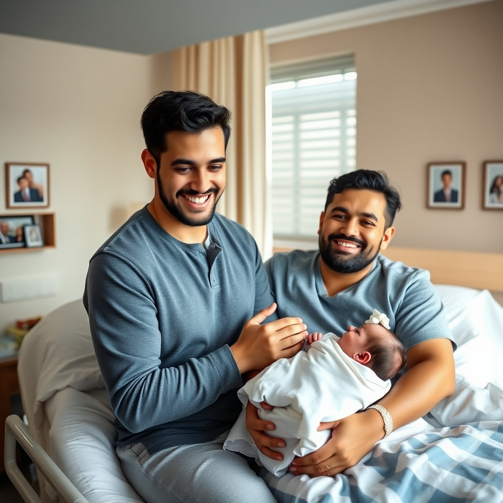 Same-sex male couple welcoming their newborn with surrogate