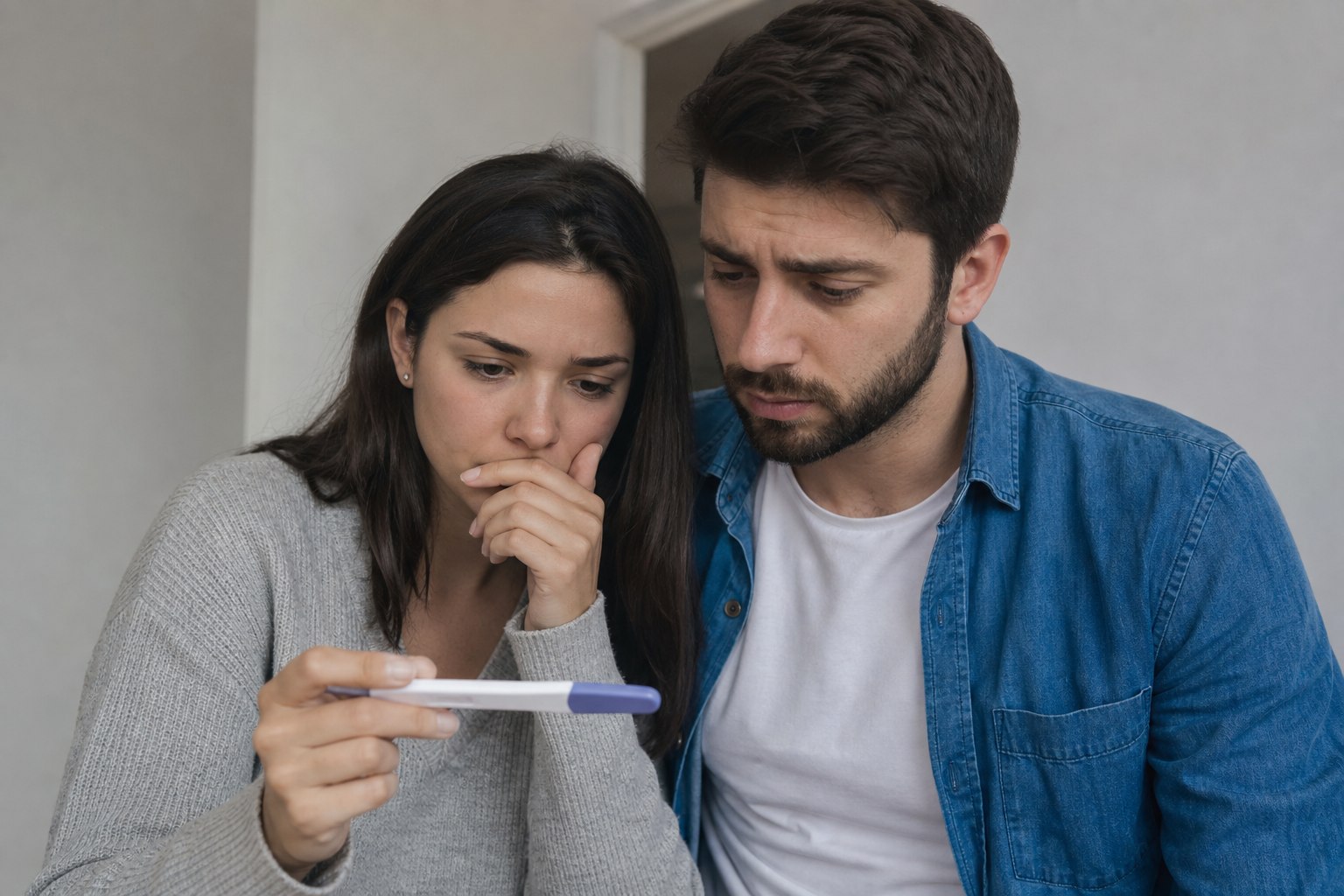 Couple looking at pregnancy test results together