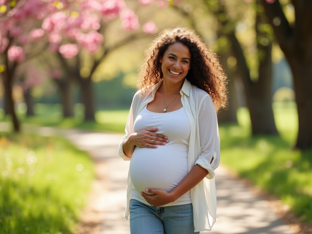 A surrogate mother happily holding her baby bump, walking in a sunny park.