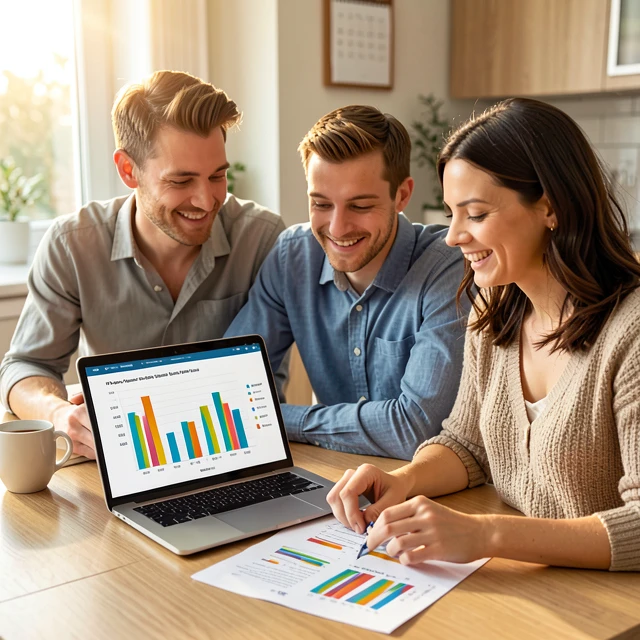 Couple reviewing IVF success rate charts on laptop and documents