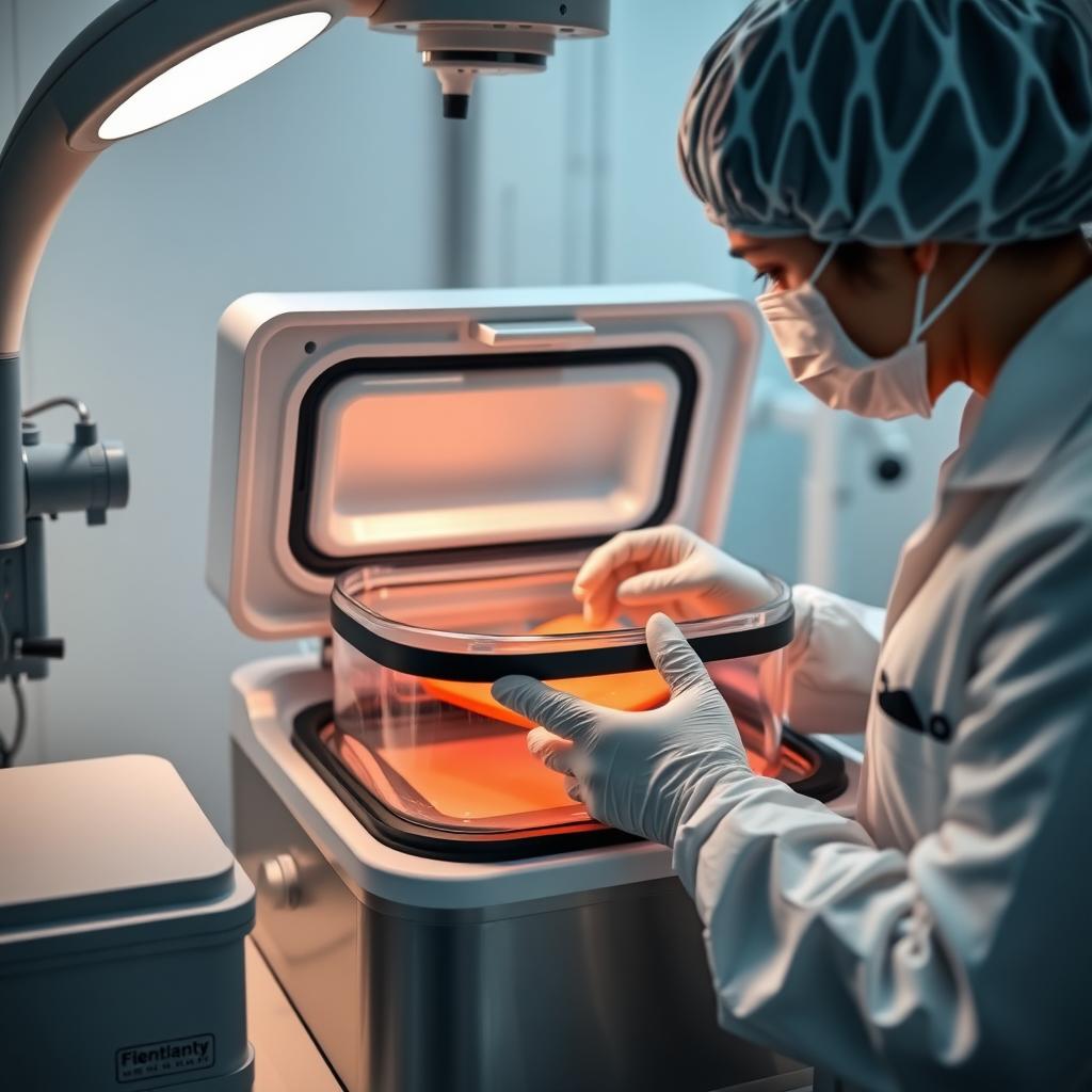 A laboratory technician working with a cryopreservation tank in a fertility clinic.