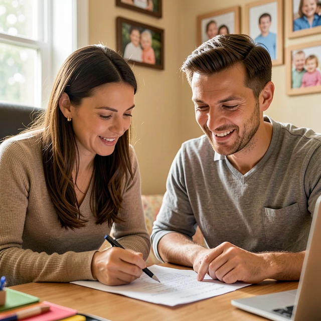 Couple preparing adoption documents at home