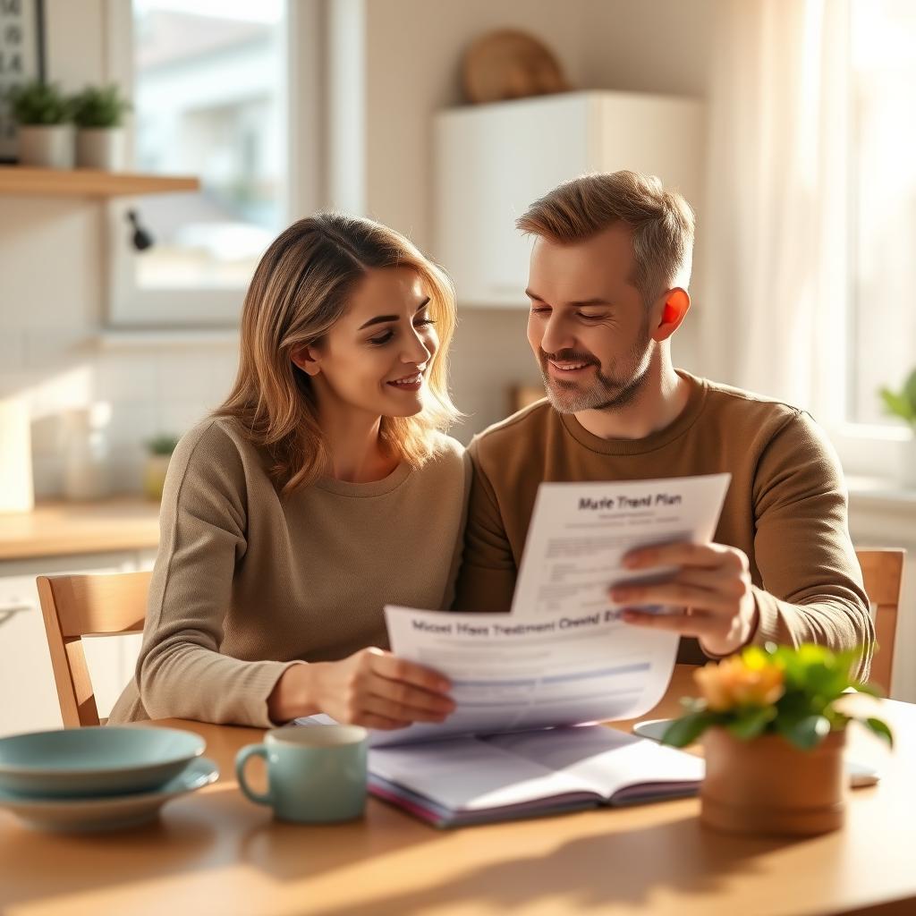 Couple discussing fertility treatment at a kitchen table with a doctor’s pamphlet.
