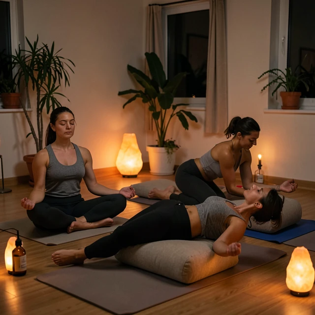 Group of women engaging in fertility-focused yoga, embodying mind-body connection for emotional support