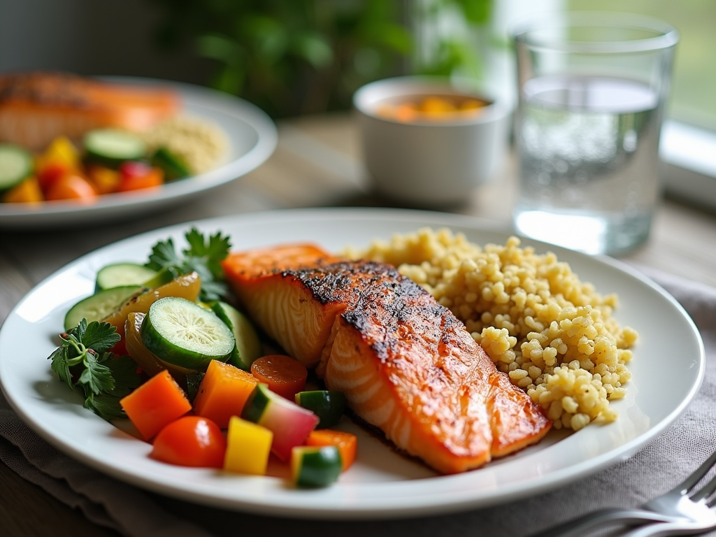 Healthy meal with salmon, quinoa, and vegetables